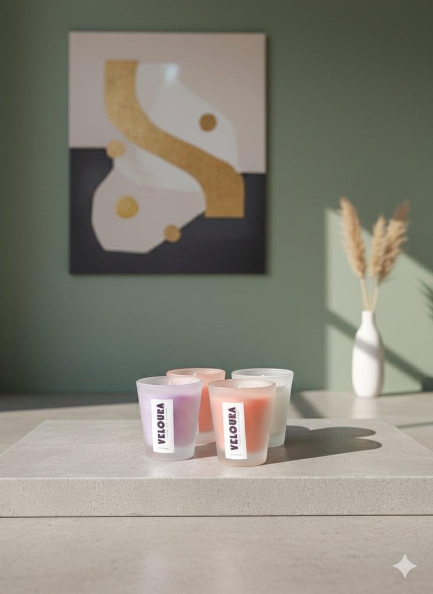 Veloura Premium Glass Candle Set – (Rose, Lavender, Sandalwood & Lime) – 4 x 100g - Image 3